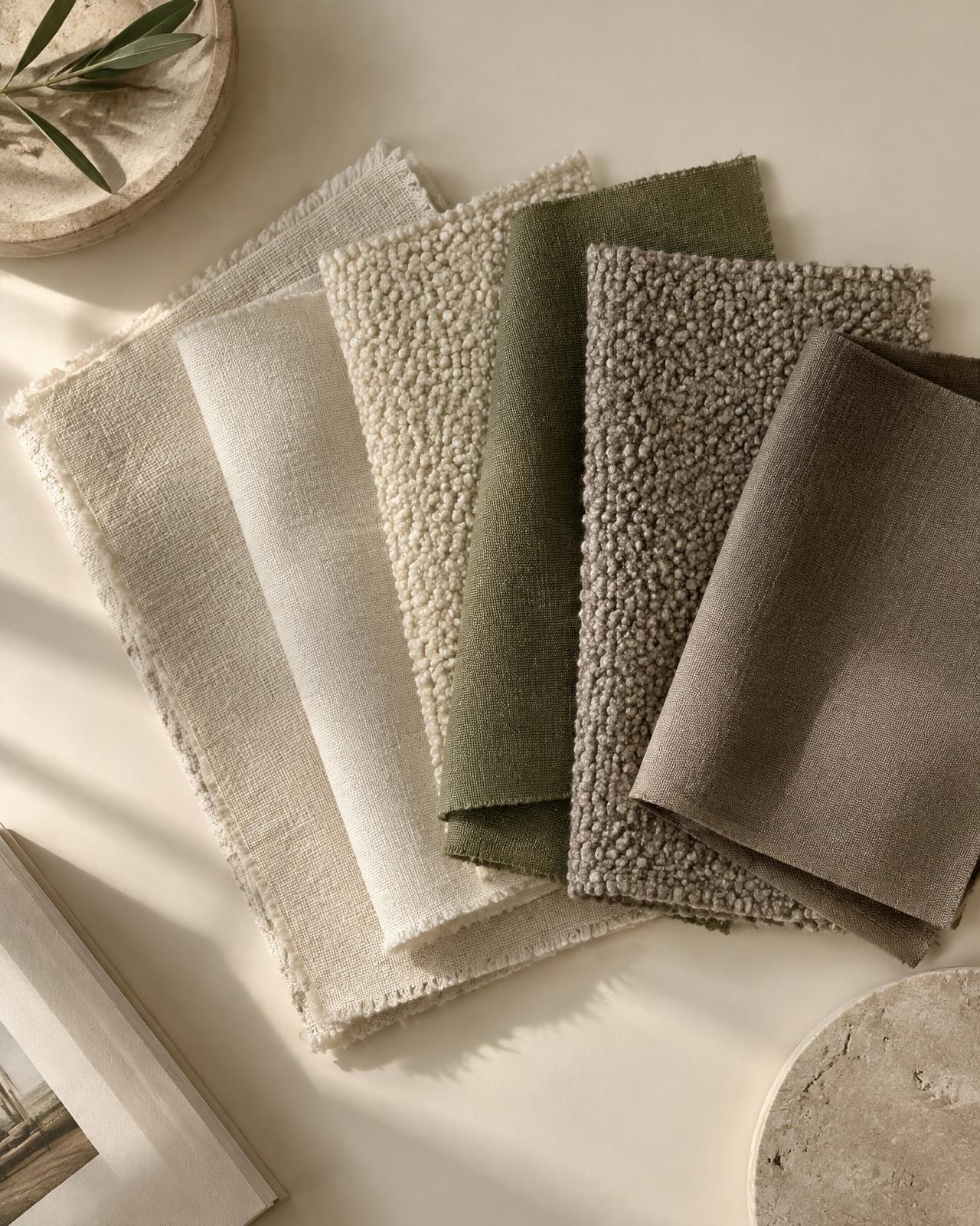 Fabric swatches in linen, bouclé and cotton fanned out by tone on an ivory surface