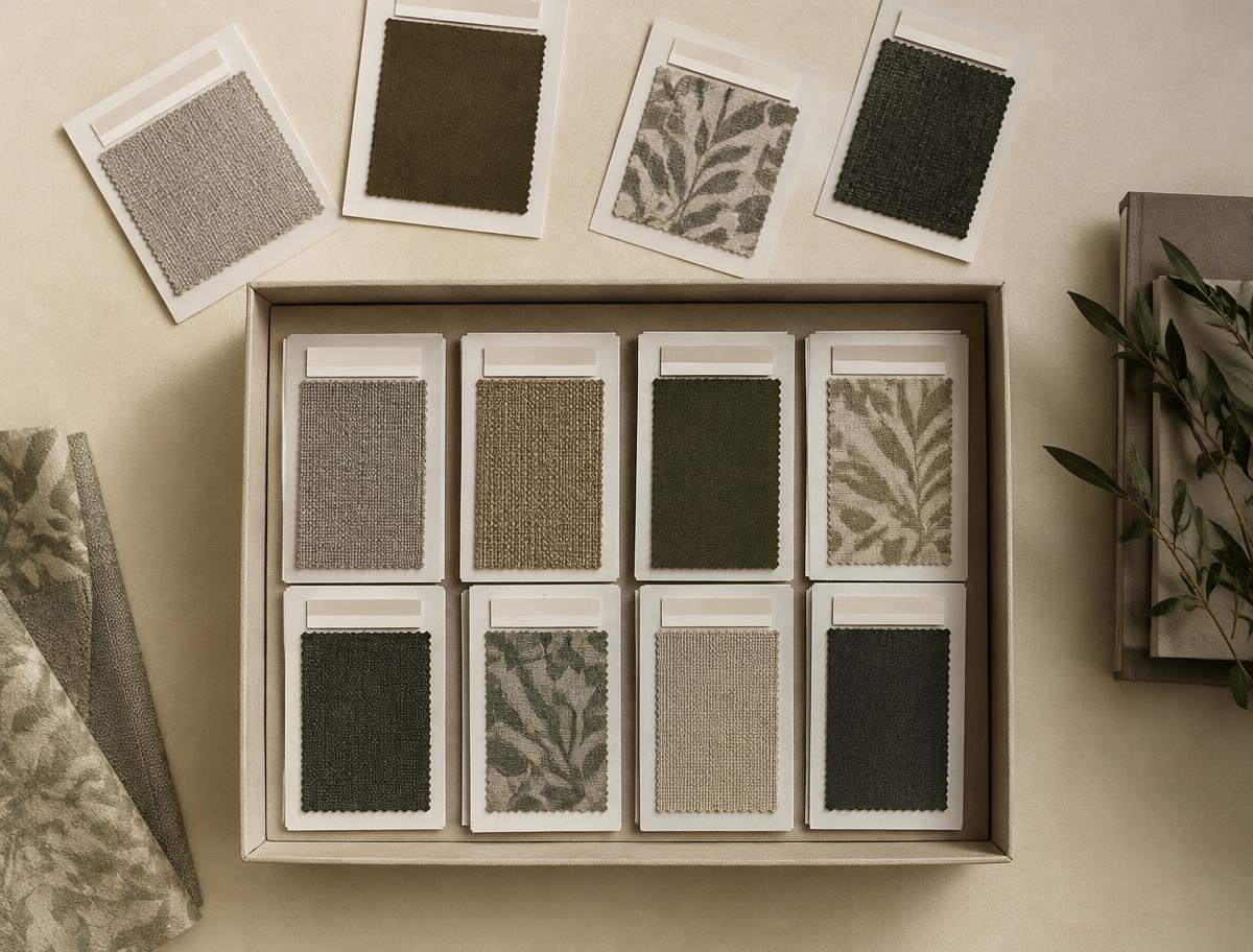 Presentation box of mounted fabric and wallpaper sample cards