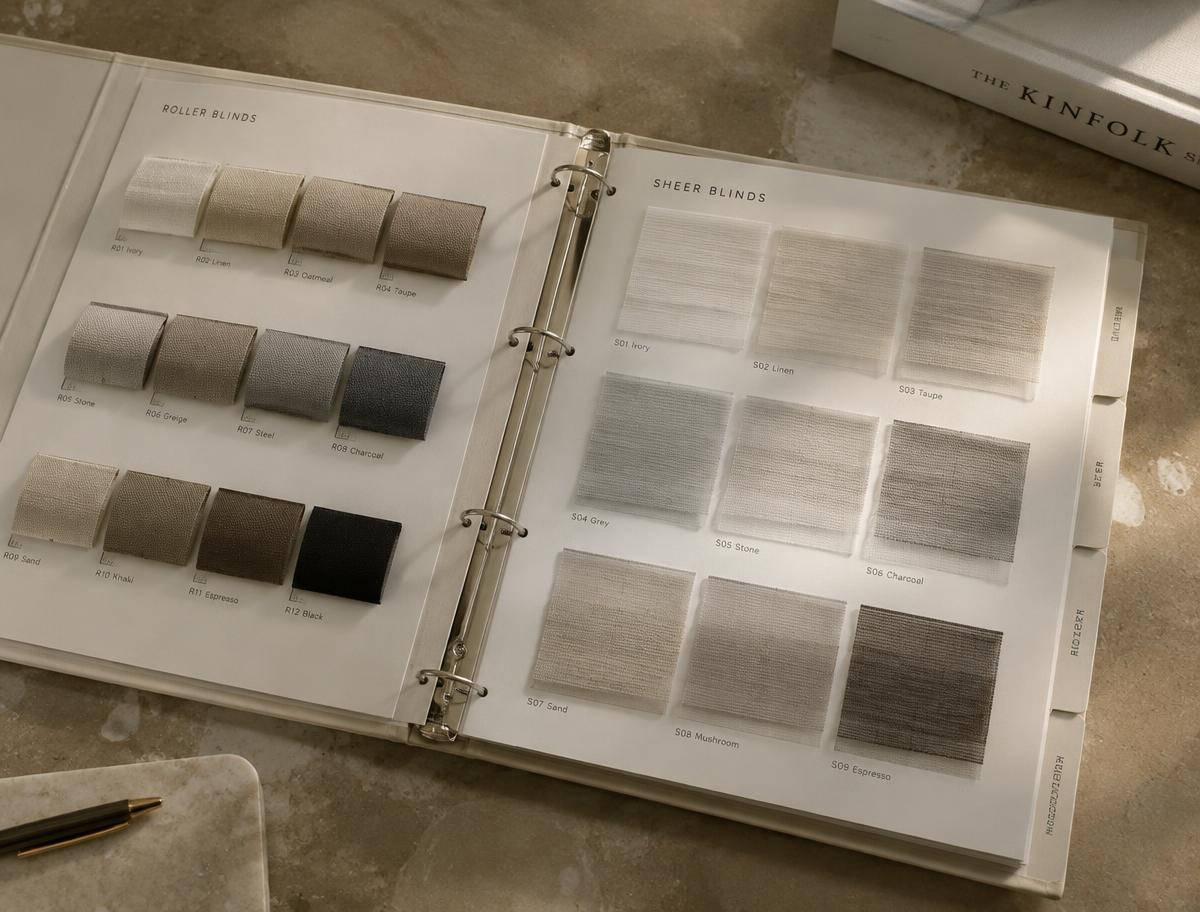 Window blind sample binder showing roller and sheer material swatches