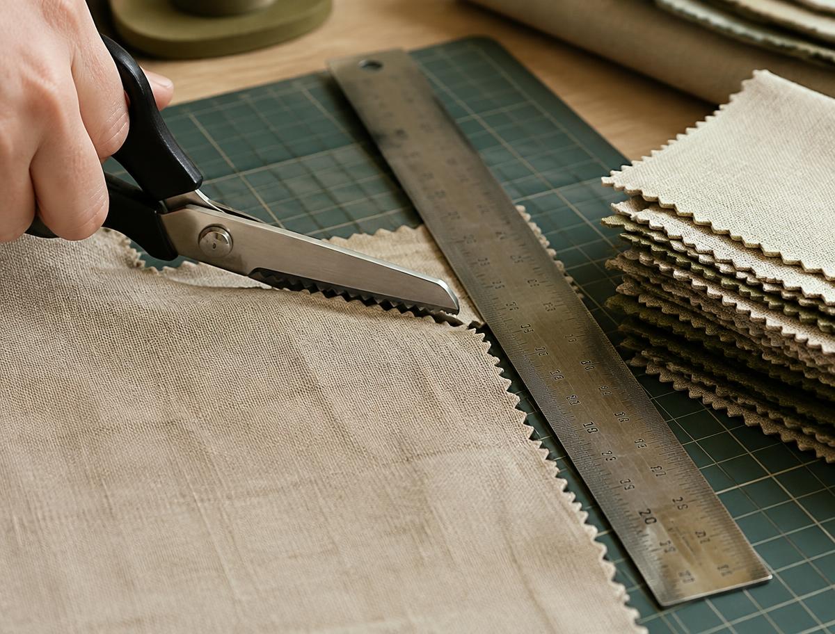 Fabric being cut with pinking shears beside a stack of cut swatches