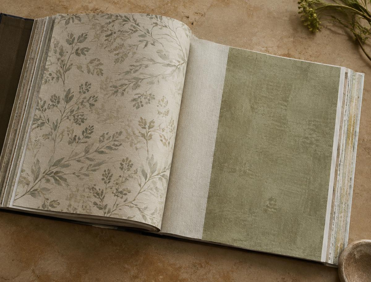 Open wallpaper sample book showing botanical and textured sheets